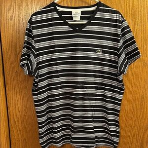 Lacoste Men's Black Striped V-Neck Shirt size 6.